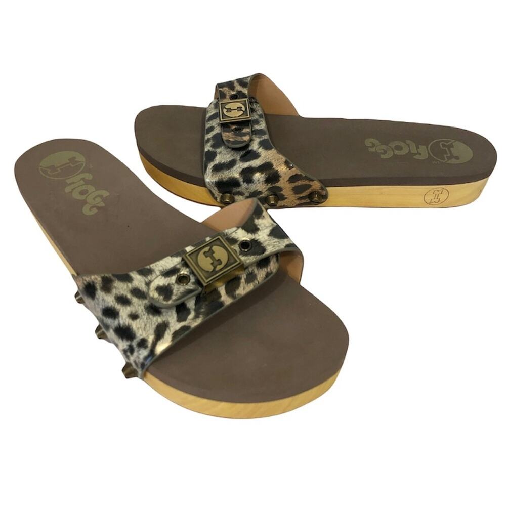 Flogg Sandals Sz 8 Nikita Leopard Print Slide Wood Platform Animal Print